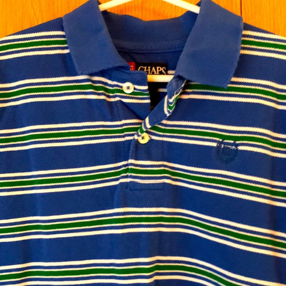Chaps Ralph Lauren boy’s 6 blue green white striped cotton pique polo shirt